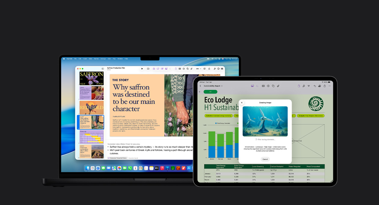iPad Pro 13 screen, slide of a report featuring a chart, table, graphics, MacBook Pro 16 screen showing Keynote presentation with multiple slides to the left and generated presenter notes at the bottom