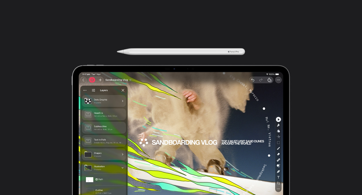 Apple Pencil on top of iPad Pro 13, screen shows Pixelmator Pro layers toolkit, graphic design toolkit, sandboarding vlog file