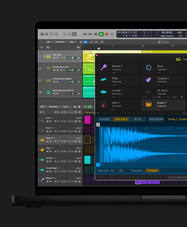 MacBook Pro 16 screen, Logic Pro showing the interface for beat-making tools.
