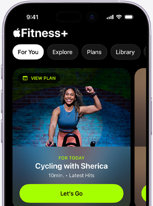 Apple Fitness+ app on an iPhone showing the For You tab screen, featuring a recommended Cycling workout