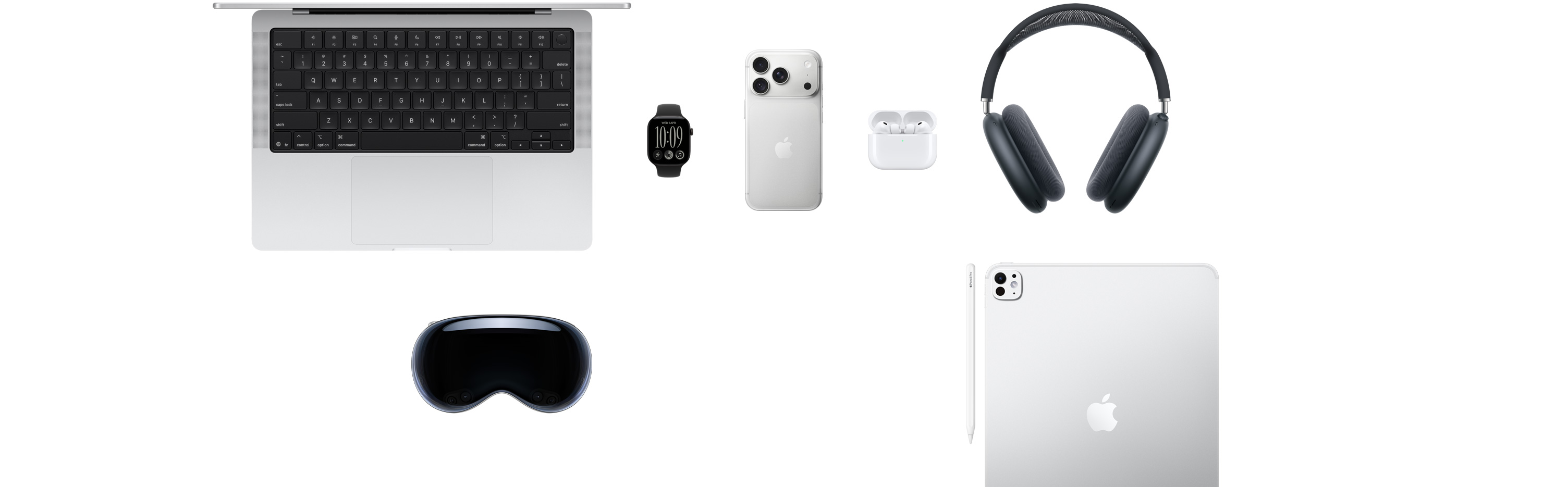 Various Apple products, including a MacBook, an Apple Watch Series 11, an iPhone 17 Pro, AirPods Pro 3, AirPods Max, Apple Vision Pro, an Apple Pencil Pro, and an iPad Pro