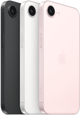 iPhone 17e, страничен и заден екстериор, черен цвят, страничен и заден екстериор, бял цвят, страничен и заден екстериор, нежно розов цвят, Fusion camera отгоре, страничен бутон