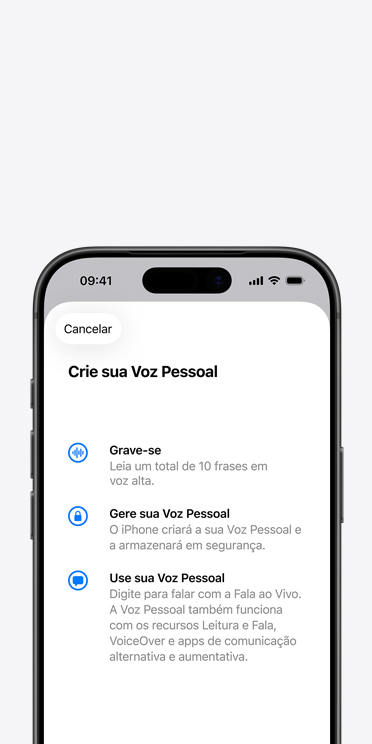Tela do iPhone 16 Pro exibindo o recurso Voz Pessoal com instruções para criar uma voz personalizada.