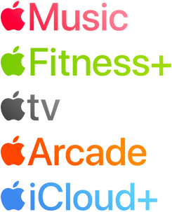 Logotipos de serviços de assinatura da Apple, incluindo Apple Music, Fitness+, Apple TV, Apple Arcade e iCloud