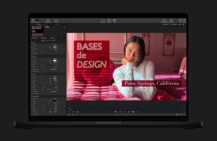 Tela do MacBook Pro de 16 polegadas, Final Cut Pro, design gráfico, sobreposição tipográfica, pessoa de suéter branco, quarto e móveis cor-de-rosa
