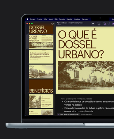 Tela do MacBook Air de 13 polegadas, Keynote, slide amarelo intitulado Urban Canopy com imagens de edifícios e notas de apresentação geradas por IA abaixo do slide