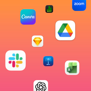 Ícones de apps de produtividade, como Slack, Canva, Google Workspace, Zoom, Sketch, Keynote, Excel, ChatGPT e Numbers, em um fundo colorido