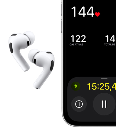 AirPods Pro 3 na cor branca, fones de ouvido, pontas de silicone, microfone, iPhone, treino Corrida ao Ar Livre na tela