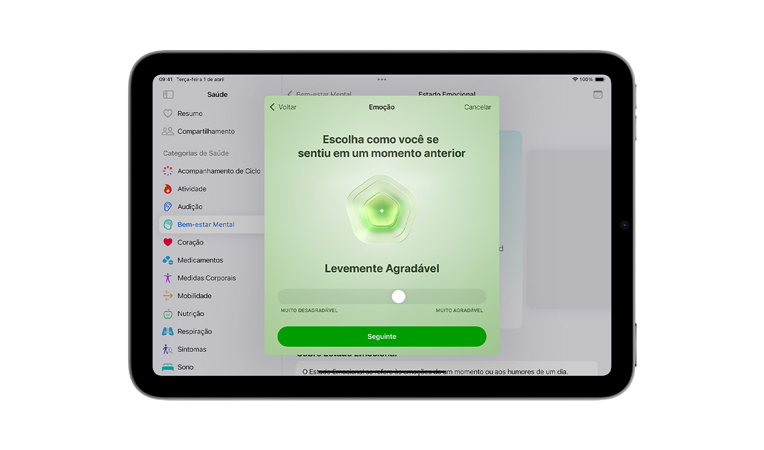A tela de um iPad mini na horizontal mostra o app Saúde com um controle deslizante para seleção do estado emocional