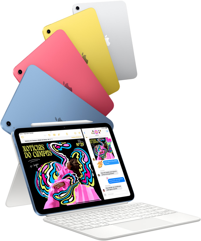 Modelos do iPad em azul, rosa, amarelo e prateado. Um iPad está conectado ao Magic Keyboard Folio.
