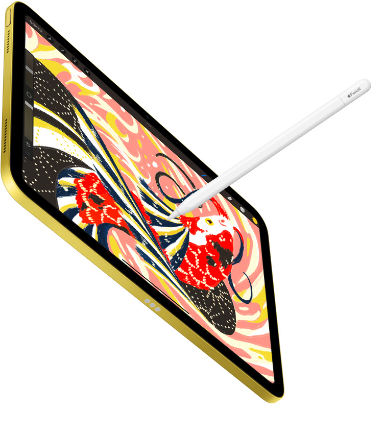 Imagem de um Apple Pencil desenhando no iPad. A tela mostra uma ilustração colorida de um peixe no app Procreate.