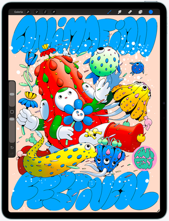 Parte da frente do iPad Air mostrando o app Procreate com uma arte digital colorida com vários personagens e objetos