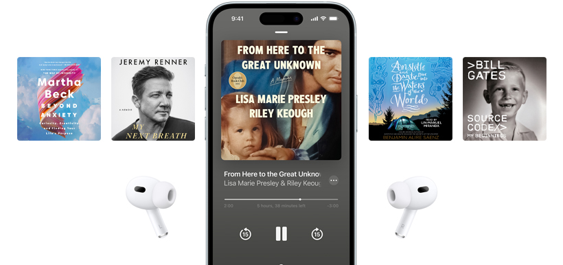iPhone screen is centred, showing an audiobook in the Books app. Surrounding the phone are audiobook covers positioned in a horizontal layout.