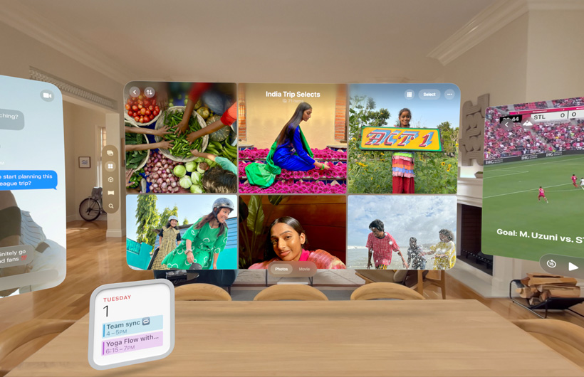 Multiple apps and widgets floating in living room space including Photos app, Messages app, Calendar widget and Apple TV app