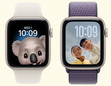 Fun and funny watch faces, Face 1: Koala Memoji, time centred at top of screen, Face 2: Photos, time in top-right corner