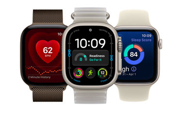 Three Apple Watch devices: Apple Watch Series 12, aluminum case, dark bronze color, Heart Rate app, dark bronze color Milanese Loop band, Apple Watch Ultra 4, titanium case, natural color, Modular watch face with readiness, heart rate, Workouts, and UV Index complications, right side exterior, Digital Crown, raised side button, translucent kelp color Ocean Band, Apple Watch SE 3, aluminum case, starlight color, sleep score, right side exterior, Digital Crown, sand color Sport Band