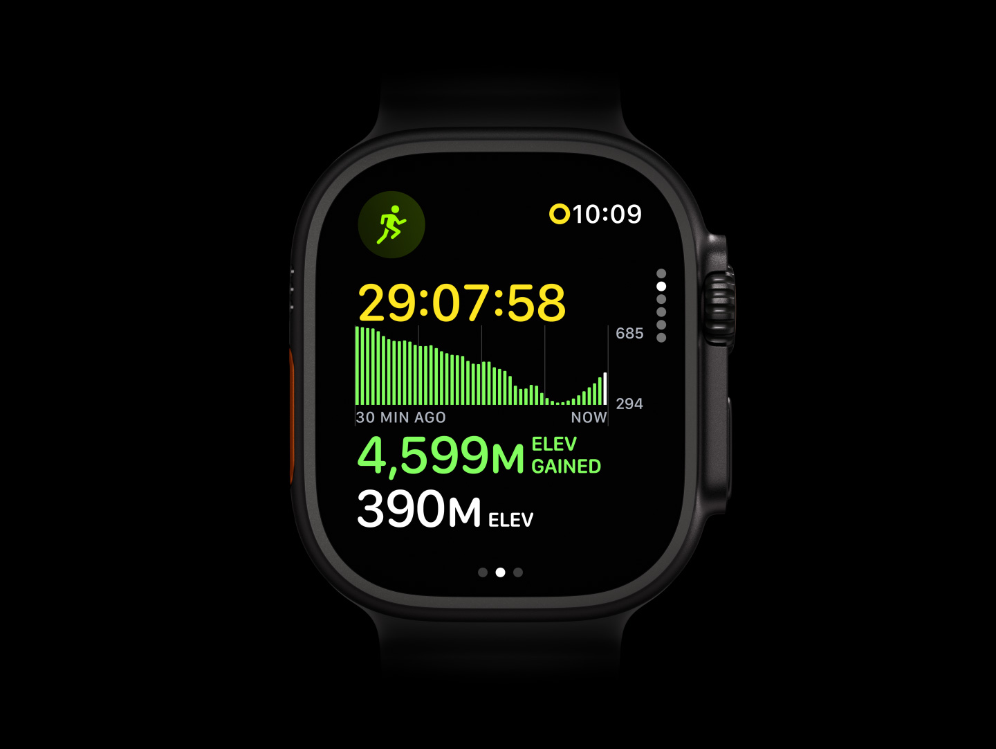 Apple Watch Ultra 4, titanium case, black colour, back of watch with Health Sensing System with glowing green LED lights