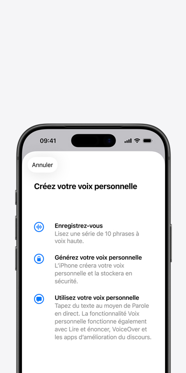 Écran d’un iPhone 17 Pro montrant la fonctionnalité Voix personnelle et des directives pour créer sa propre voix