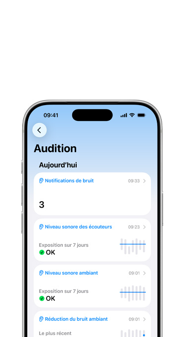 Un iPhone affichant les données du jour sur l’exposition à différents types de bruits.
