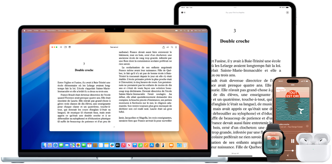 Une page du même livre numérique dans l’app Livres est affichée sur un MacBook Pro et un iPad Air. La couverture du même livre, mais en version audio, s’affiche sur une Apple Watch et un iPhone 15. Un étui d’AirPods Pro est ouvert, et on y voit les écouteurs.