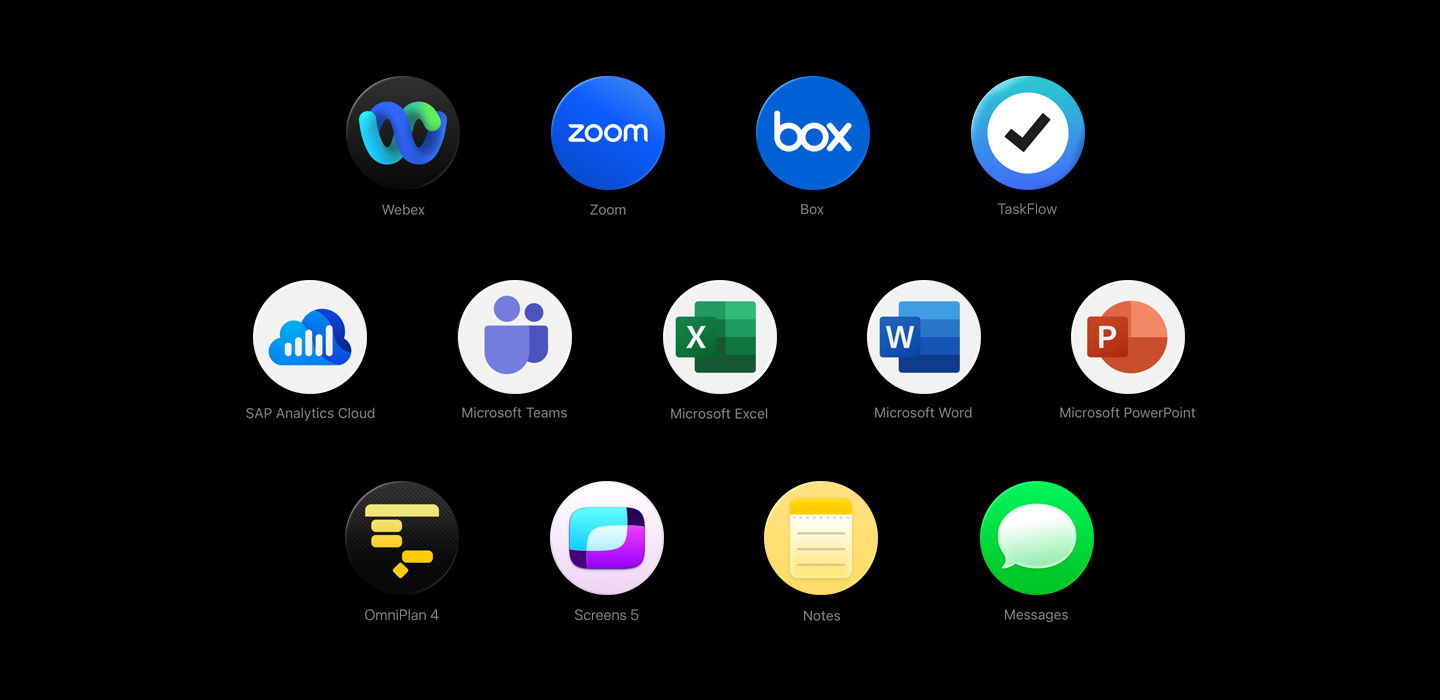 Plusieurs icônes d’apps dispersées, dont celles de Webex, Zoom, Box, TaskFlow, SAP Analytics Cloud, Microsoft Teams, Microsoft Excel, Microsoft Word, Microsoft PowerPoint, OmniPlan 4, Screens 5, Notes et Messages