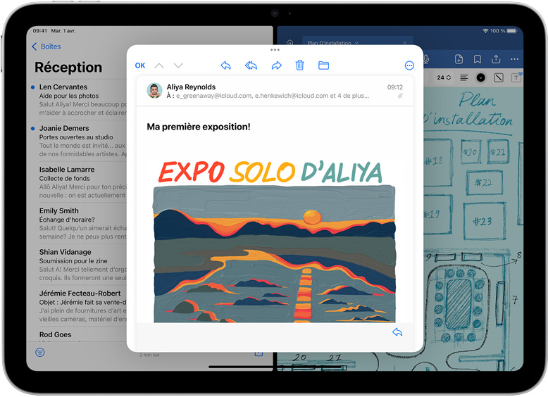 Écran d’iPad montrant les apps Mail et GoodNotes ouvertes côte à côte. Un courriel est ouvert dans une autre fenêtre.
