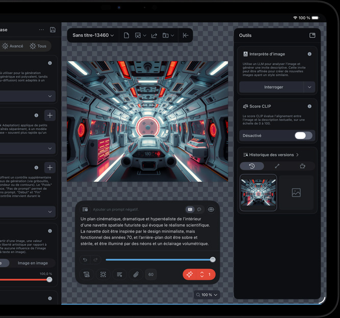 Un iPad Pro, face avant, écran affichant l’image extraite d’une vidéo d’un vaisseau spatial futuriste en cours de retouche au moyen de divers outils de retouche et fonctions d’IA en cours d’utilisation, dont Image Interpreter et CLIP Score