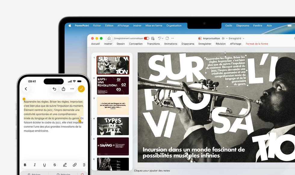 iPhone 16 Plus montrant du texte en surbrillance dans l’app Notes, MacBook Air affichant une diapositive Keynote, le texte de l’app Notes est visible sur la diapositive