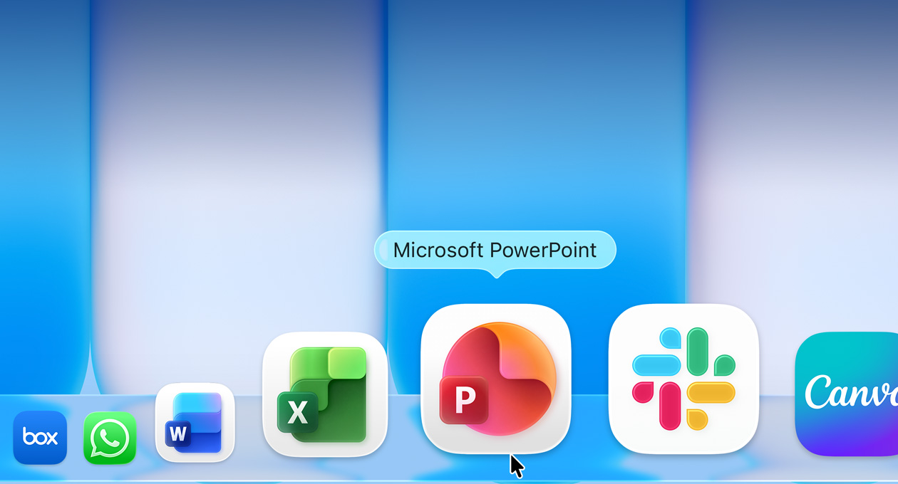 Bureau macOS montrant le Dock avec plusieurs apps, dont Microsoft Word, PowerPoint et Excel, WhatsApp, Canva, Slack et Box, l’app Microsoft PowerPoint est mise en évidence