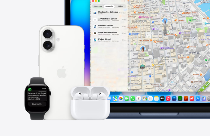 Apple Watch, écran affichant le message « Cet appareil est signalé comme perdu, veuillez me contacter » avec un numéro de téléphone, à côté d’un iPhone, d’AirPods Pro et d’un MacBook Neo, indigo, écran montrant l’app Localiser, qui affiche une carte et la liste des appareils avec leur position