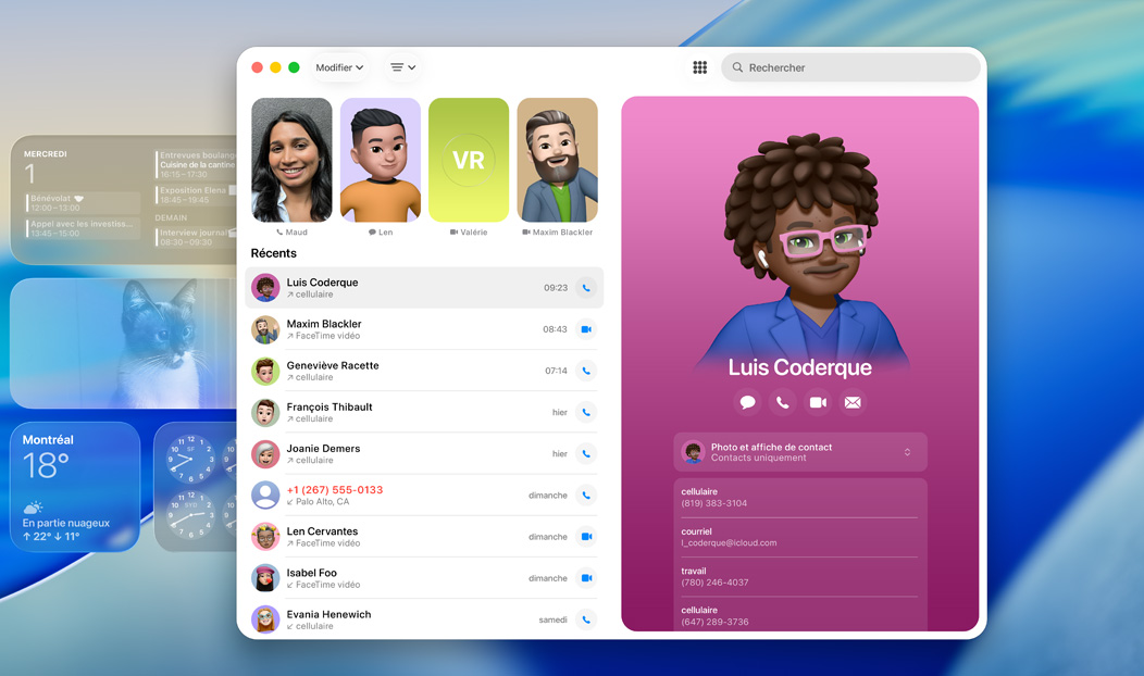 MacBook Pro, app Téléphone ouverte, un contact affiché dans les appels récents