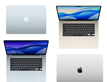 Quatre Mac de différents modèles, formats et couleurs, illustrant les options de personnalisation