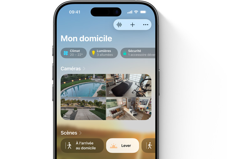 Un iPhone montrant la vue Mon domicile de l’app Domicile.