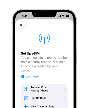 iPhone 17e, front exterior, showing the Set Up eSIM feature to transfer a phone number from a nearby phone or scan a QR code