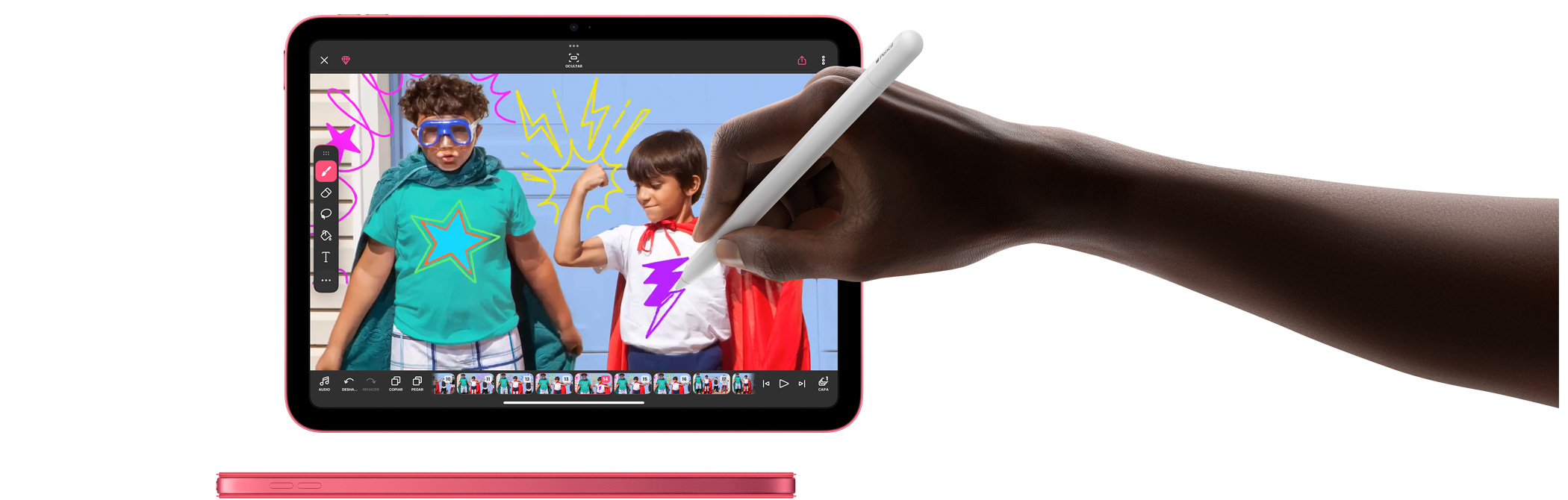 Una mano sostiene un Apple Pencil y dibuja con la app FlipaClip.