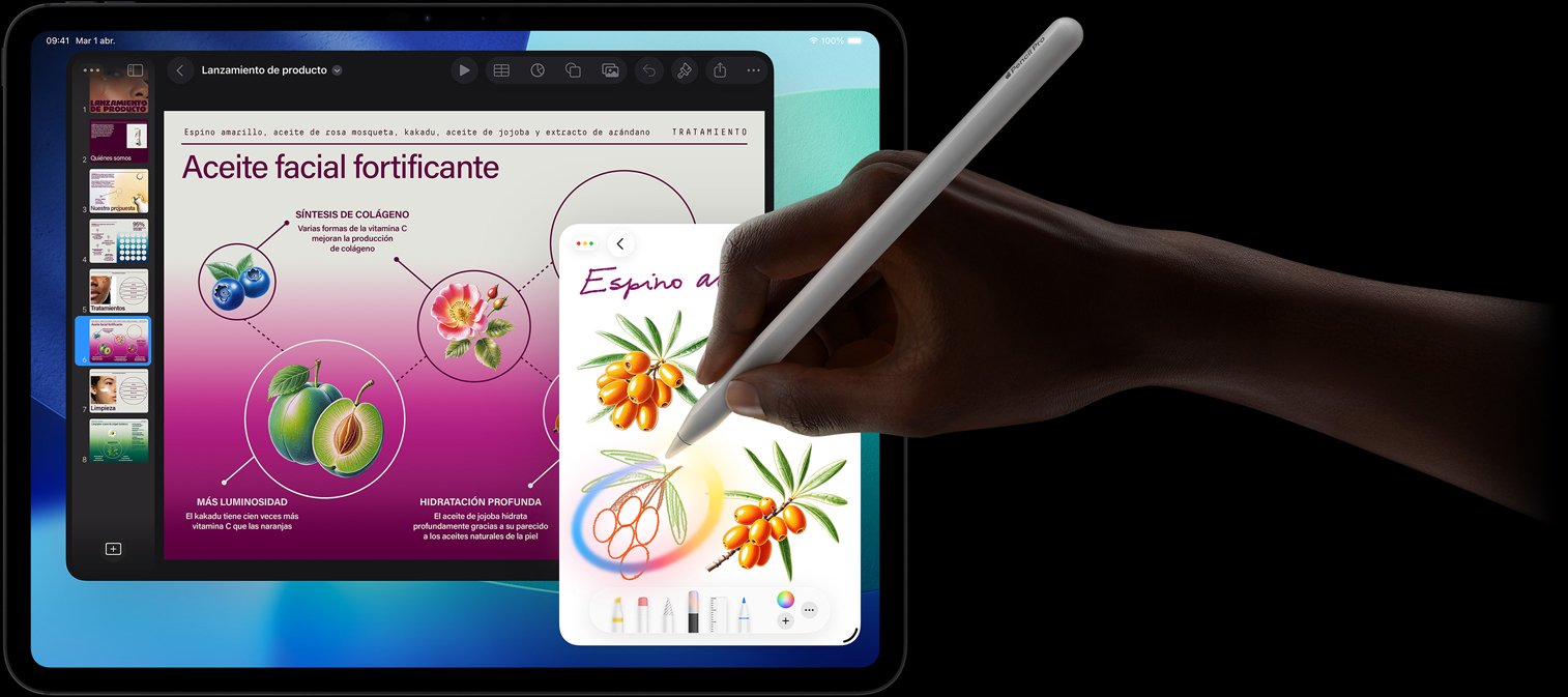 iPad Pro, parte frontal, pantalla con un fondo degradado azul oscuro y verde con varias apps abiertas, una mano sostiene un Apple Pencil Pro que dibuja un círculo y muestra la funcionalidad Imagen Mágica de Apple Intelligence