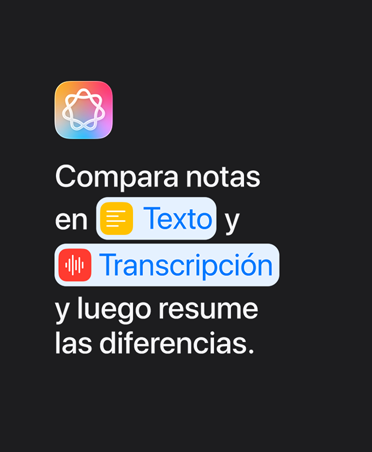 Ícono de Apple Intelligence y una instrucción: 'Compara las notas en Texto y Transcripción y luego resume las diferencias'