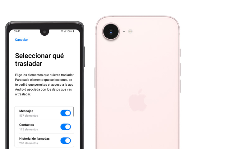 Vista frontal de un smartphone Android y vista trasera de un iPhone 17e rosado pálido
