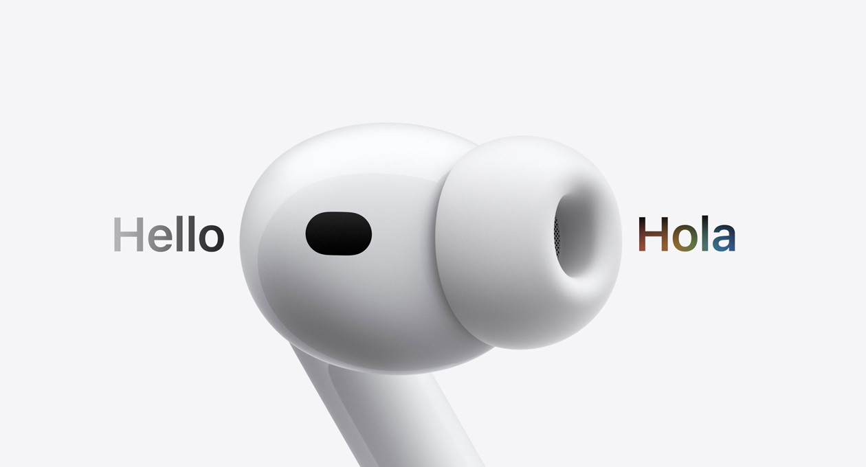 AirPods Pro 3, audífono con almohadilla de silicón, Traducción en Vivo cambia los caracteres en inglés que dicen 'hello' a un texto en español que dice 'hola'