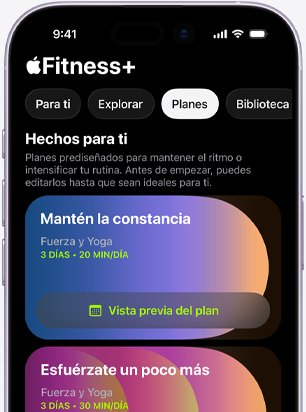 La pantalla de un iPhone muestra la pestaña Planes de Fitness+, con las opciones Hechos Para Ti: Mantén la Constancia y Esfuérzate un Poco Más