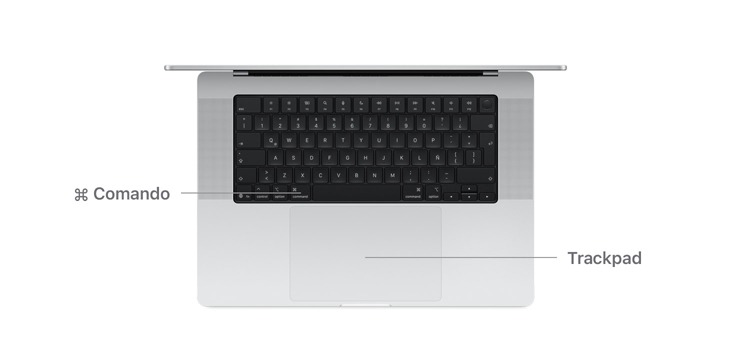 Vista del escritorio de la tecla Comando y el trackpad de un MacBook Air con chip M4.