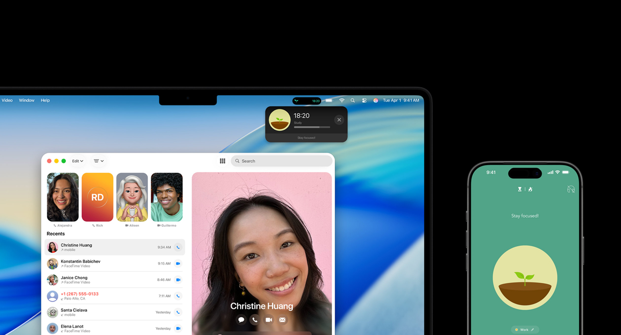 Un MacBook Pro y un iPhone lado a lado, la pantalla del MacBook Pro muestra la app Teléfono y Actividades en Vivo de la app Uber, el iPhone muestra la app Uber