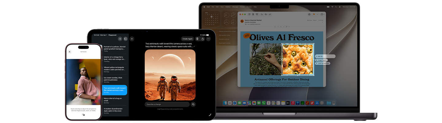 Tři produkty včetně stříbrného 14palcového MacBooku Pro, na kterém je zapnutá funkce Oznámit, stříbrného 11palcového iPadu Pro, na kterém je otevřený Image Playground s obrázkem dvou astronautů vybraným ze seznamu na bočním panelu, a stříbrného iPhonu 18 Pro, na kterém je zobrazená ukázka úpravy fotky pomocí funkce Přerámovat s obrázkem osoby opřené o pult