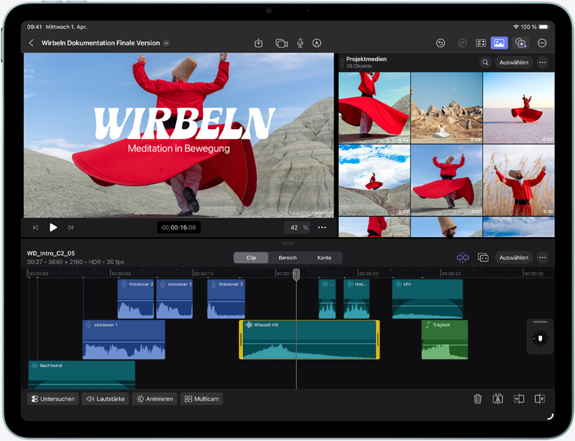 iPad Air, Vorderseite, Bearbeitung eines Videos in Final Cut Pro
