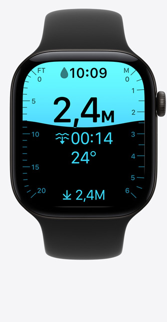 Apple Watch Series 12, Aluminiumgehäuse, Farbe Schwarz, Display mit Tiefe App, Tauchgang bei 2,4 Metern, Sportarmband, Farbe Schwarz