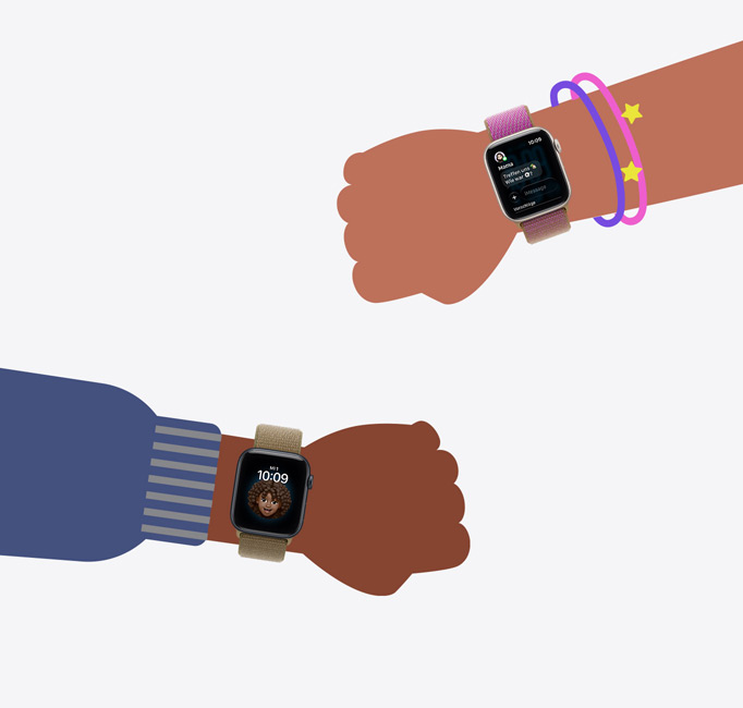 Apple Watch für deine Kinder, Cartoon Illustrationen von Handgelenken von Kindern, die Apple Watch SE 3 Geräte tragen