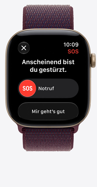 Apple Watch Series 12, das Display zeigt die Mitteilung bei schwerem Sturz, Notruf Option, Aluminiumgehäuse, Farbe Lichtgold, verbunden mit Sport Loop Armband, Farbe Burgunder