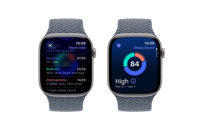 Apple Watch Series 11, space gray color, aluminum case, sleep score notification, right side exterior, Digital Crown, Braided Solo Loop, anchor blue color