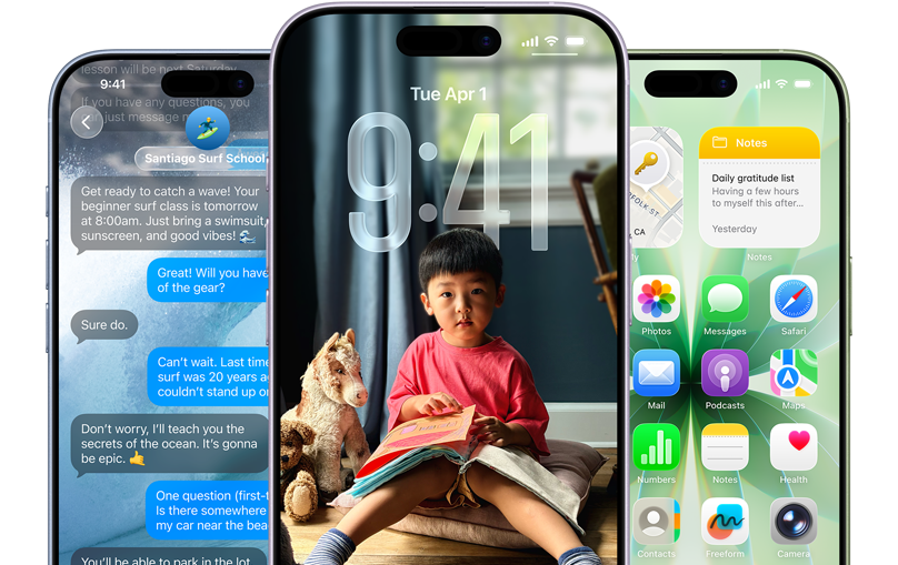 iPhone 17 devices, front exterior, colors: mist blue, lavender, sage, iOS features - Background with messages, Liquid Glass showing the Lock Screen and Home Screen with various apps displayed