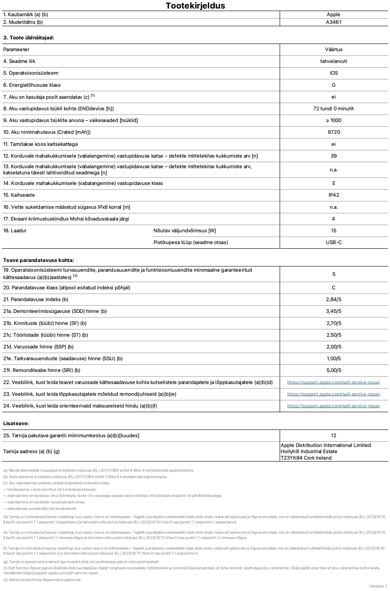 13-tollise iPad Air WiFi, mudeli A3461 toote infoleht. Tarnija on Apple Distribution International Limited, Hollyhill Industrial Estate. Cork, Iirimaa T23 YK84. Seadme tüüp: tahvelarvuti. Operatsioonisüsteem: iOS. Energiatõhususklass: G. Aku vahetatav kasutajale: ei. Aku vastupidavus tsükli kohta: 72 tundi. Aku kestvustsüklid – vaikesätted: suurem kui või võrdne 1000-ga. Akumaht: 9720 mAh. Tarnitakse kaitsekattega: ei. Korduv vabalangemise usaldusväärsustest – kukub ilma defektita: suurem kui või võrdne 39-ga. Korduv vabalangemise usaldusväärsustest – kukub ilma defektita täielikult väljaulatatuna: pole kohaldatav. Korduv vabalangemise usaldusväärsusklass: E. Tolmu- ja veekindluse kaitse hinnang: IP42. Määratud iPx8 sukeldumissügavus vees: pole kohaldatav. Ekraani kriimustuskindlus Mohsi kõvaduse skaalal: 4. Laadija nõutav väljundvõimsus: 15 W. Laadija tüüp (seadmel): USB-C. Opsüsteemi turva-, korrektiiv- ja funktsionaalsusvärskenduste minimaalne tagatud saadavus: 5 aastat. Parandatavusklass: C. Parandatavusindeks: 2,84/5. Lahtivõtmise sügavuse (SDD) hinne: 3,45/5. Kinnitusdetailide hinne: 2,70/5. Tööriistade hinne: 2,50/5. Varuosade hinne: 2,00/5. Tarkvaravärskenduste hinne: 1,00/5. Parandusteabe hinne: 5,00/5. Teave varuosade kättesaadavuse kohta professionaalsetele parandajatele ja lõppkasutajatele: https://support.apple.com/self-service-repair. Parandusjuhised lõppkasutajatele: https://support.apple.com/self-service-repair. Soovituslikud maksueelsed hinnad: https://support.apple.com/self-service-repair. 12-kuune üldgarantii.